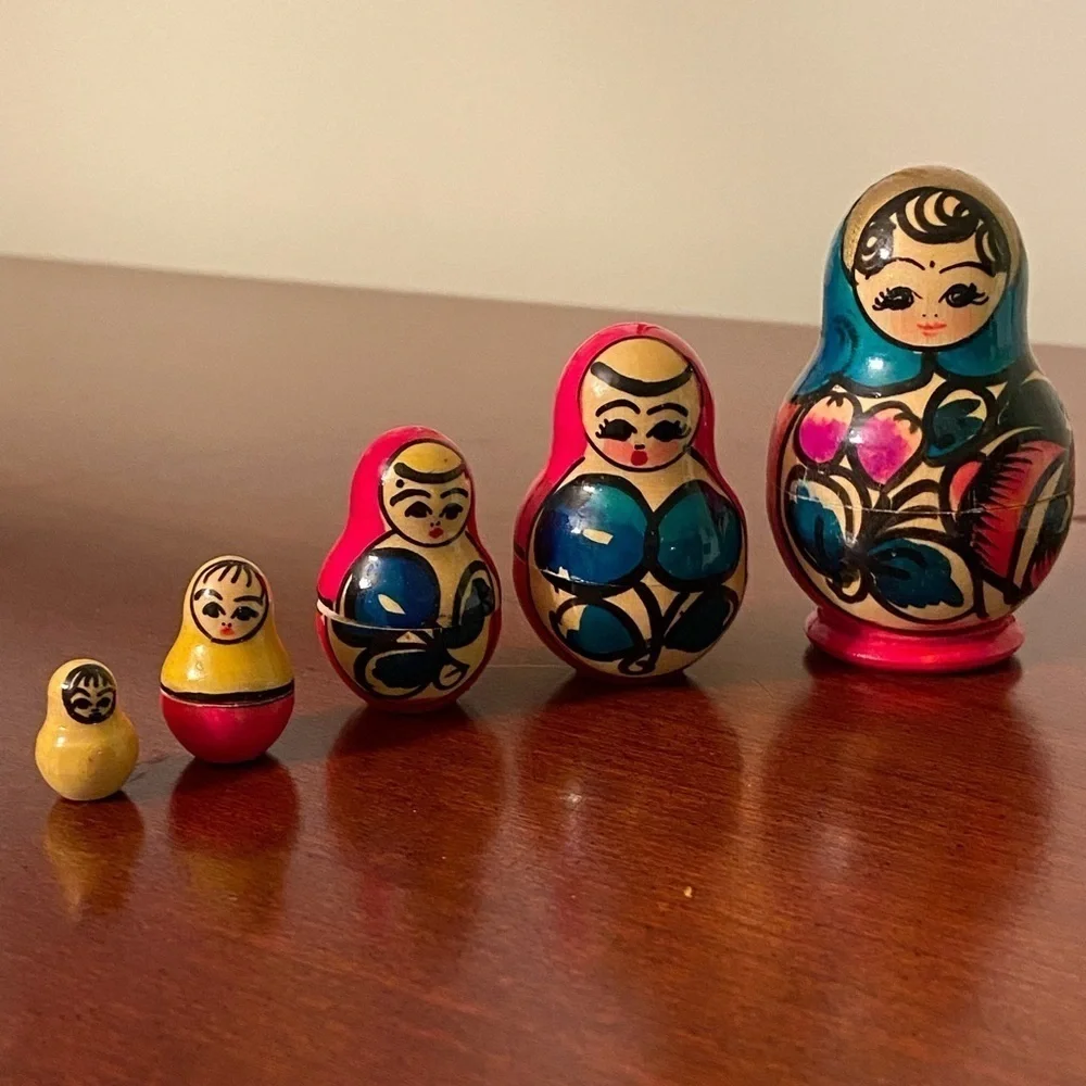 Lot of 2 Vintage Hand Painted Russian Matryoshka 5 piece set Nesting Dolls